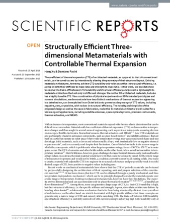 Structurally Efficient Three-dimensional Metamaterials with Controllable Thermal Expansion thumbnail