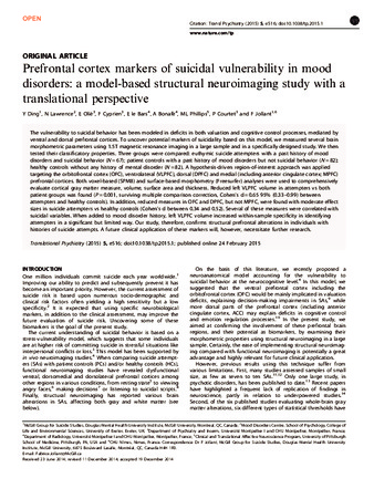 Prefrontal cortex markers of suicidal vulnerability in mood disorders: a model-based structural neuroimaging study with a translational perspective thumbnail