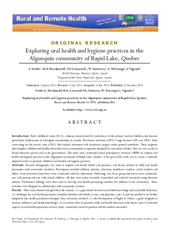 Exploring oral health and hygiene practices in the Algonquin community of Rapid Lake, Quebec thumbnail