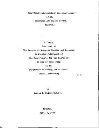 Ordovician Palaeontology and Stratigraphy of the Churchill and Nelson Rivers, Manitoba. thumbnail