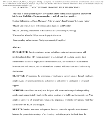 The value of employment support services for adults on the autism spectrum and/or with intellectual disabilities: Employee, employer, and job coach perspectives thumbnail
