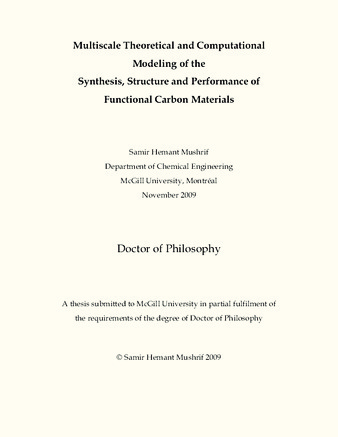 Multiscale theoretical and computational modeling of the synthesis, structure and performance of functional carbon materials thumbnail