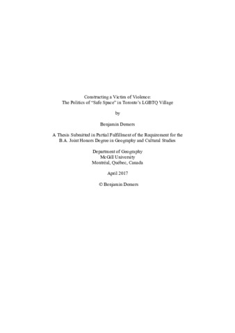 Constructing a Victim of Violence:The Politics of “Safe Space” in Toronto’s LGBTQ Village thumbnail