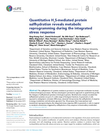 Quantitative H2S-mediated protein sulfhydration reveals metabolic reprogramming during the integrated stress response thumbnail