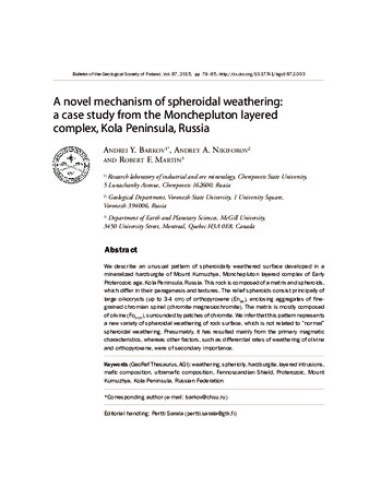 A novel mechanism of spheroidal weathering: a case study from the Monchepluton layered complex, Kola Peninsula, Russia thumbnail