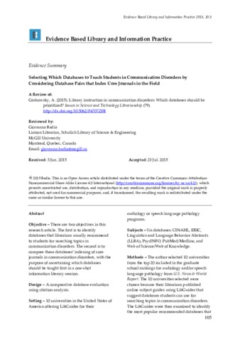 Selecting Which Databases to Teach Students in Communication Disorders by Considering Database Pairs that Index Core Journals in the Field thumbnail