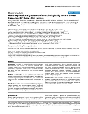 Gene expression signatures of morphologically normal breast tissue identify basal-like tumors thumbnail