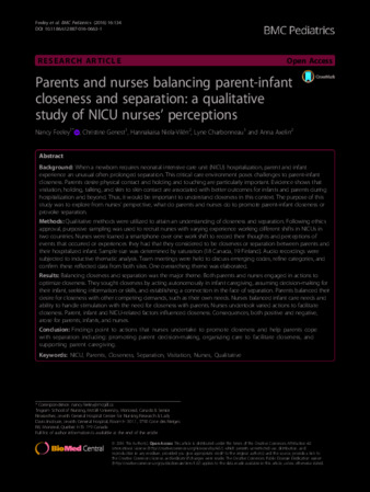 Parents and nurses balancing parent-infant closeness and separation: a qualitative study of NICU nurses’ perceptions thumbnail