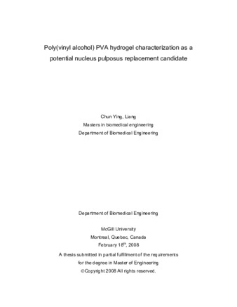 Poly(vinyl alcohol) PVA hydrogel characterization as a potential nucleus pulposus replacement candidate thumbnail