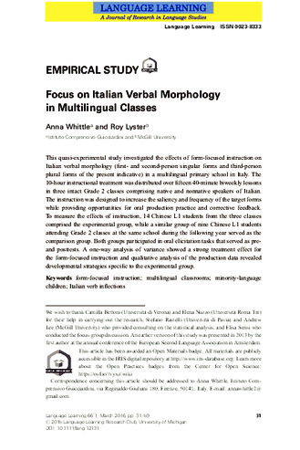 Focus on Italian verbal morphology in multilingual classes thumbnail