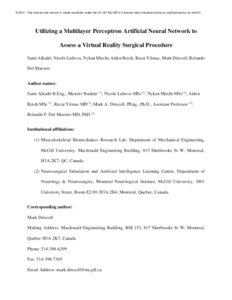 Utilizing a multilayer perceptron artificial neural network to assess a virtual reality surgical procedure thumbnail