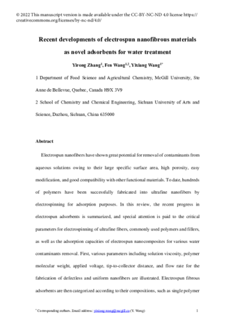 Recent developments of electrospun nanofibrous materials as novel adsorbents for water treatment thumbnail