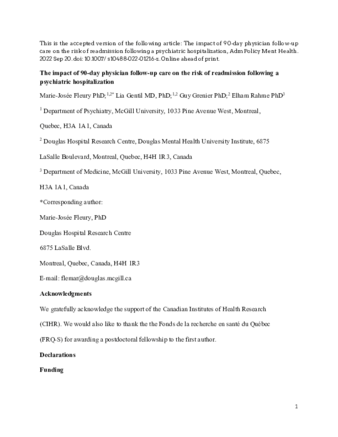 The Impact of 90-day Physician Follow-up Care on the Risk of Readmission Following a Psychiatric Hospitalization. thumbnail