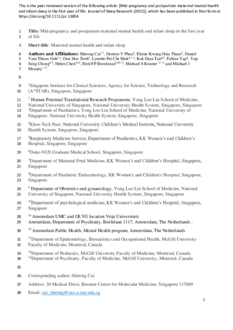 Mid-pregnancy and postpartum maternal mental health and infant sleep in the first year of life thumbnail