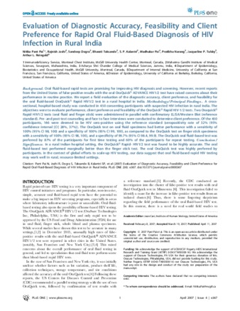 Evaluation of Diagnostic Accuracy, Feasibility and Client Preference for Rapid Oral Fluid-Based Diagnosis of HIV Infection in Rural India thumbnail