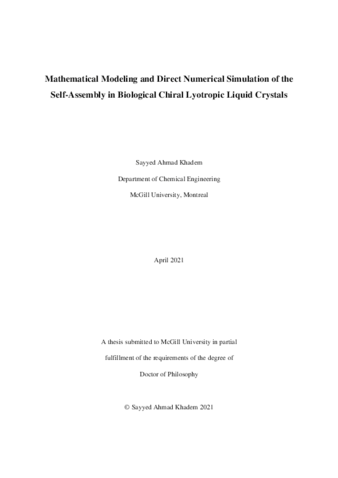 Mathematical modeling and direct numerical simulation of the self-assembly in biological chiral lyotropic liquid crystals thumbnail