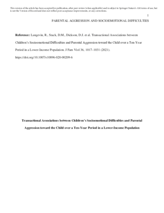 Transactional associations between children’s socioemotional difficulties and parental aggression toward the child over a ten-year period in a lower-income population. thumbnail