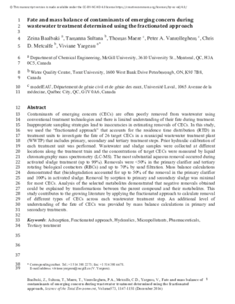 Fate and mass balance of contaminants of emerging concern during wastewater treatment determined using the fractionated approach thumbnail