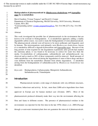 Biodegradation of Pharmaceuticals by Rhodococcus rhodochrous and Aspergillus niger by Co-Metabolism thumbnail