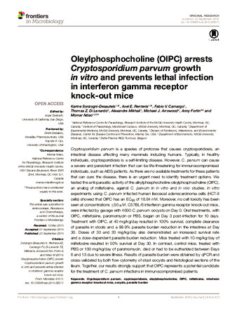 Oleylphosphocholine (OlPC) arrests Cryptosporidium parvum growth in vitro and prevents lethal infection in interferon gamma receptor knock-out mice thumbnail