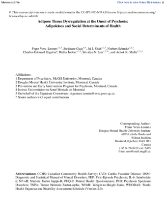 Adipose tissue dysregulation at the onset of psychosis: Adipokines and social determinants of health thumbnail
