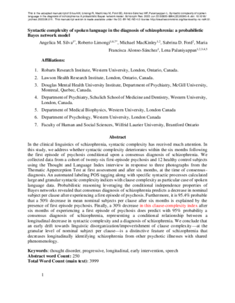 Syntactic complexity of spoken language in the diagnosis of schizophrenia: A probabilistic Bayes network model thumbnail