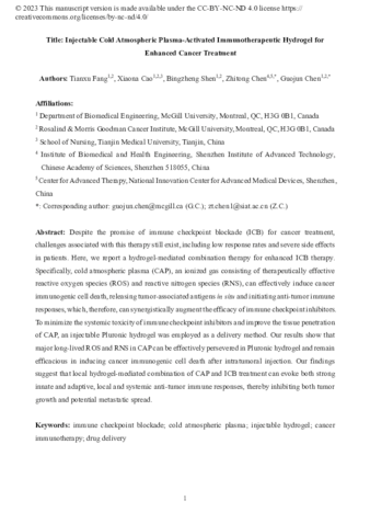 Injectable cold atmospheric plasma-activated immunotherapeutic hydrogel for enhanced cancer treatment thumbnail