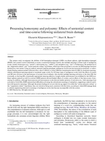 Processing homonymy and polysemy: effects of sentential context and time-course following unilateral brain damage thumbnail