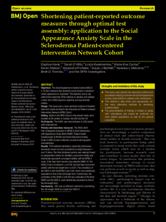 Shortening patient-reported outcome measures through optimal test assembly: application to the Social Appearance Anxiety Scale in the Scleroderma Patient-centered Intervention Network Cohort. thumbnail