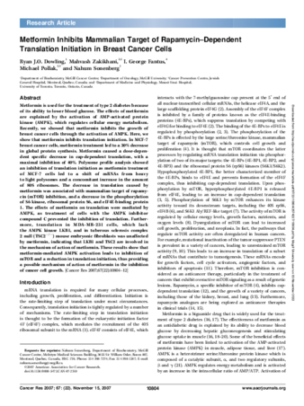 Metformin Inhibits Mammalian Target of Rapamycin–Dependent Translation Initiation in Breast Cancer Cells thumbnail