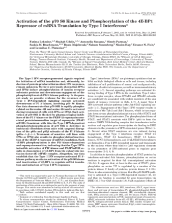 Activation of the p70 S6 Kinase and Phosphorylation of the 4E-BP1 Repressor of mRNA Translation by Type I Interferons thumbnail