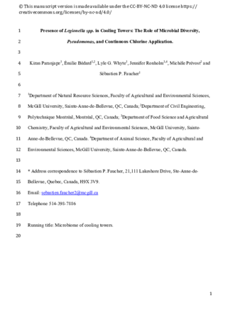 Presence of Legionella spp. in cooling towers: the role of microbial diversity, Pseudomonas, and continuous chlorine application thumbnail