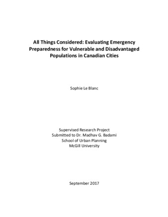 All Things Considered: Evaluating Emergency Preparedness for Vulnerable and Disadvantaged Populations in Canadian Cities thumbnail