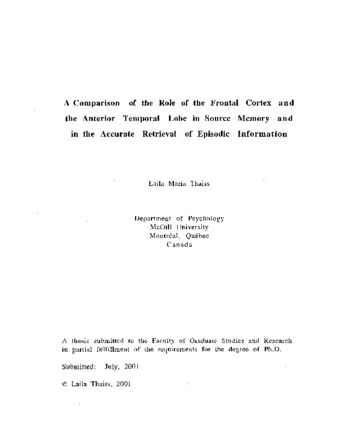 A comparison of the role of the frontal cortex and the anterior temporal lobe in source memory and in the accurate retrieval of episodic information / thumbnail
