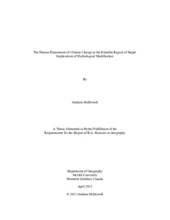 The Human Dimensions of Climate Change in the Khumbu Region of Nepal: Implications of Hydrological Modification thumbnail