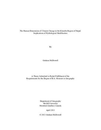 The Human Dimensions of Climate Change in the Khumbu Region of Nepal: Implications of Hydrological Modification thumbnail