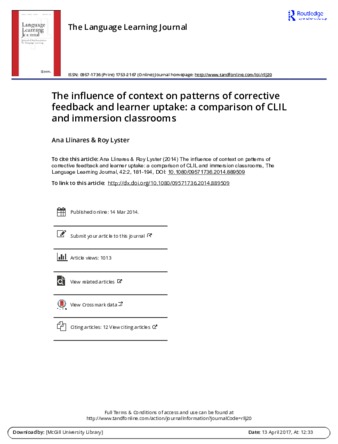 The influence of context on patterns of corrective feedback and learner uptake: A comparison of CLIL and immersion classrooms thumbnail