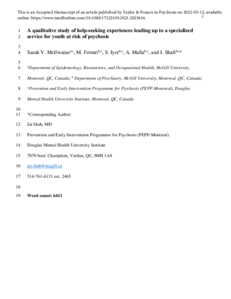 A qualitative study of help-seeking experiences leading up to a specialized service for youth at risk of psychosis thumbnail