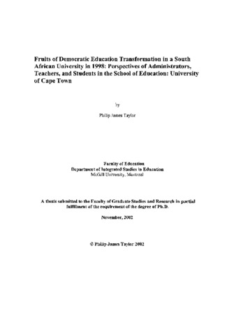 Fruits of democratic education transformation in a South African university in 1998 : perspectives of administrators, teachers, and students in the School of Education : University of Cape Town thumbnail