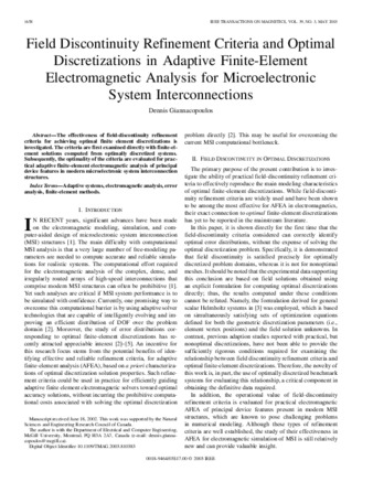 Field discontinuity refinement criteria and optimal discretizations in adaptive finite-element electromagnetic analysis for microelectronic system interconnections thumbnail