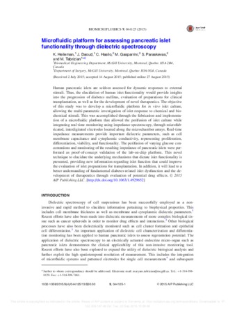 Microfluidic platform for assessing pancreatic islet functionality through dielectric spectroscopy thumbnail