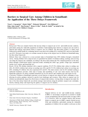 Barriers to Surgical Care Among Children in Somaliland: An Application of the Three Delays Framework thumbnail