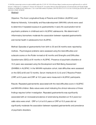 Association Between Repeated Episodes of Gastroenteritis and Mental Health Problems in Childhood and Adolescence thumbnail