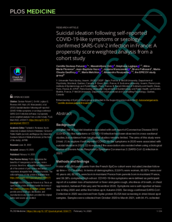Suicidal ideation following self-reported COVID-19-like symptoms or serology-confirmed SARS-CoV-2 infection in France: A propensity score weighted analysis from a cohort study thumbnail