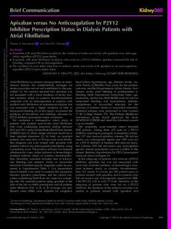 Apixaban versus No Anticoagulation by P2Y12 Inhibitor Prescription Status in Dialysis Patients with Atrial Fibrillation thumbnail