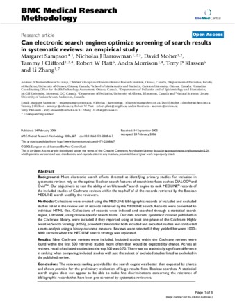 Can electronic search engines optimize screening of search results in systematic reviews: an empirical study thumbnail