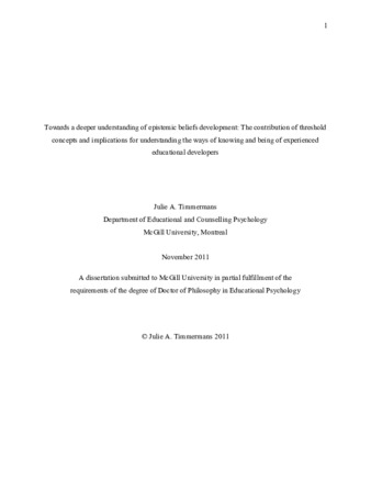 Towards a deeper understanding of epistemic beliefs development: the contribution of threshold concepts and implications for understanding the ways of knowing and being of experienced educational developers thumbnail