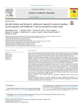 Suicidal ideation and attempt in adolescents exposed to maternal smoking across pregnancy and childhood: A 20-year prospective cohort study thumbnail