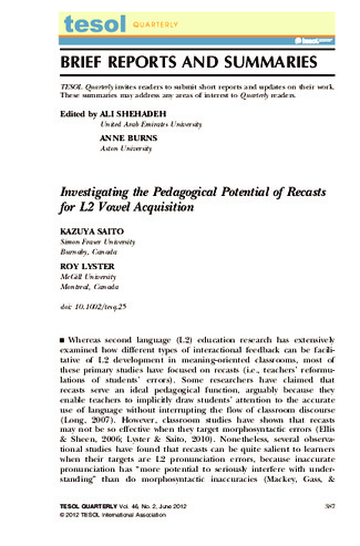 Investigating the pedagogical potential of recasts for L2 vowel acquisition thumbnail