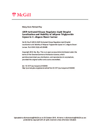 AMP-Activated Kinase Regulates Lipid Droplet Localization and Stability of Adipose Triglyceride Lipase in C. elegans Dauer Larvae thumbnail